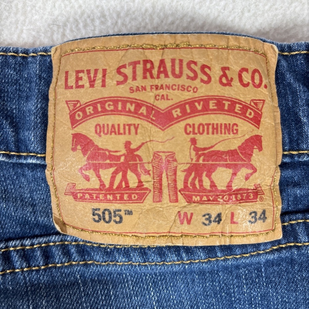 Levi's Men's Jeans 505 Regular Straight Blue Size 34x34 Zip Faded Whiskering - Picture 4 of 9